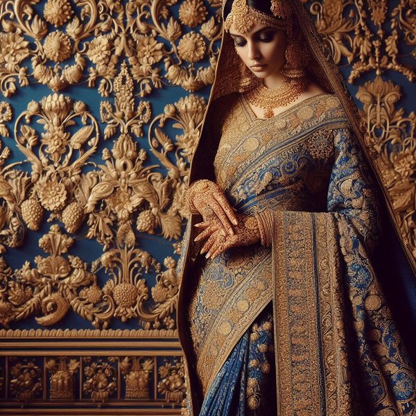 Blue and golden saree for wedding