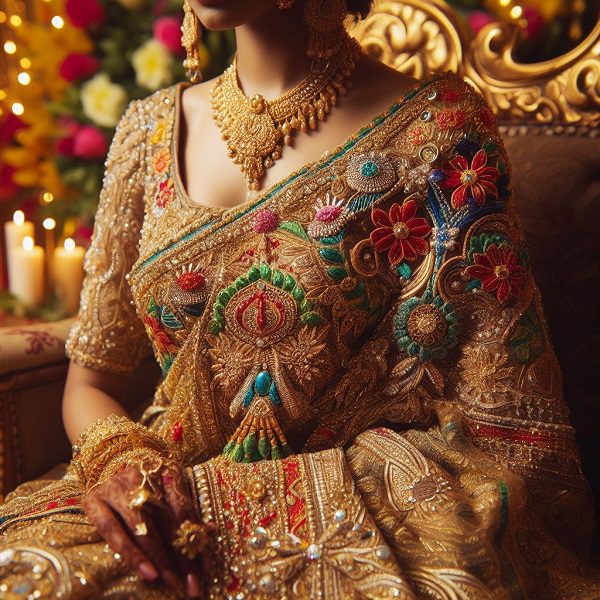 golden embroidered saree for wedding
