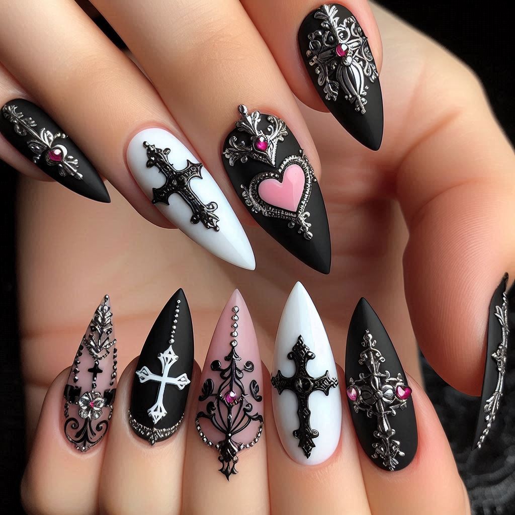 black white nails with stones
