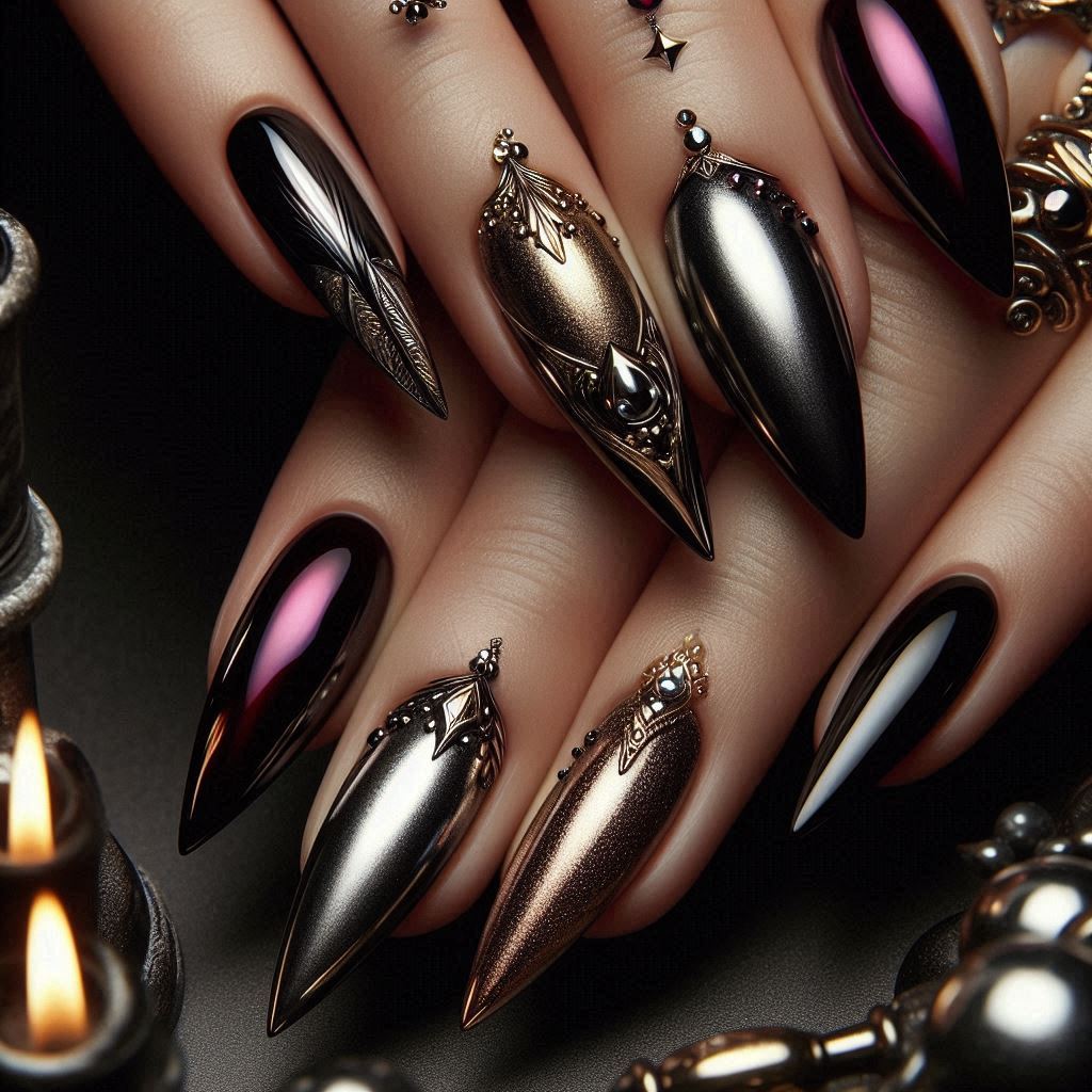 burgandy and shimmering gold nail designs
