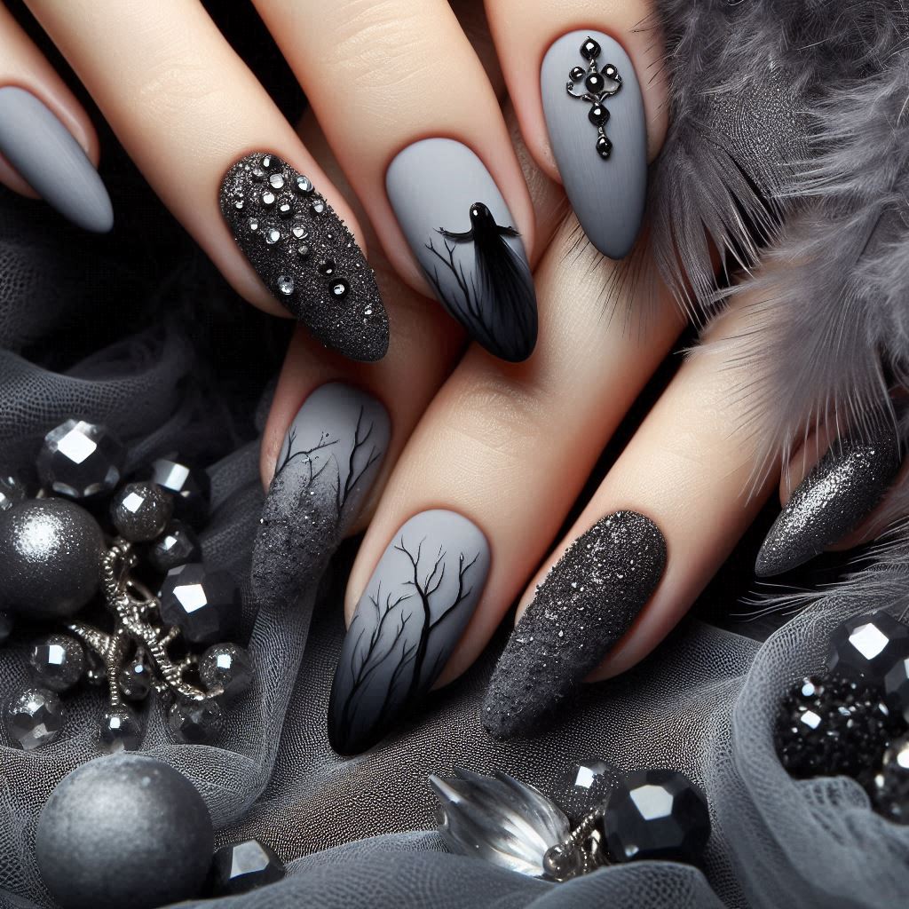 crystal studded grey nail art