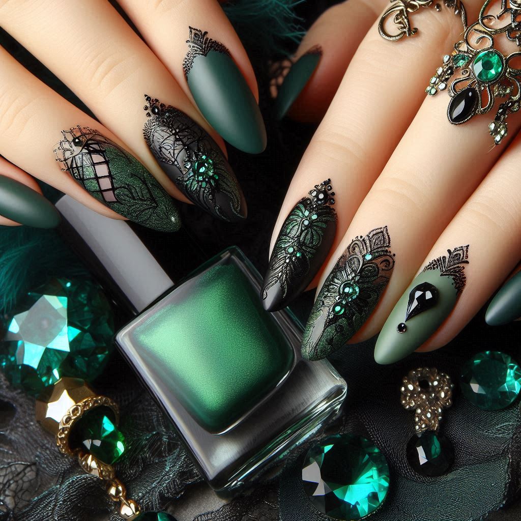 green and black nail designs