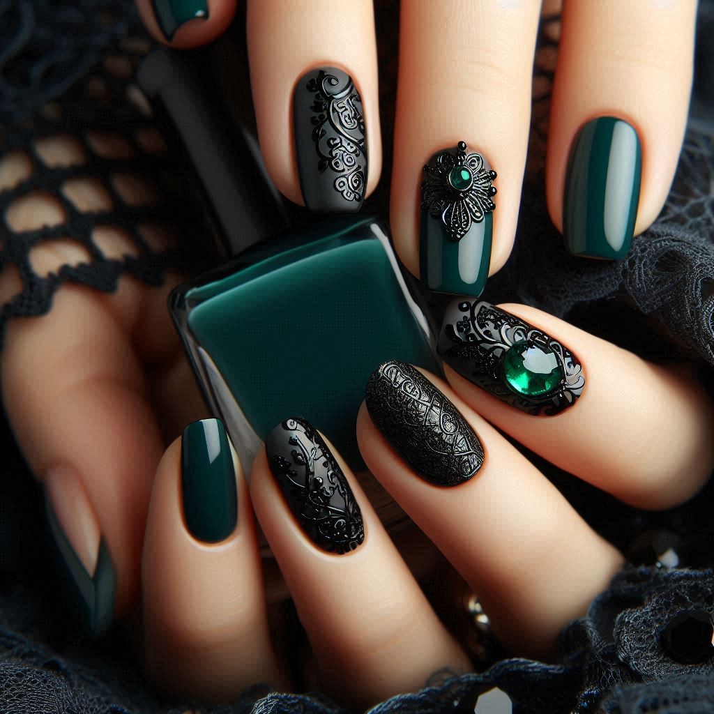 green black gemstone nail designs
