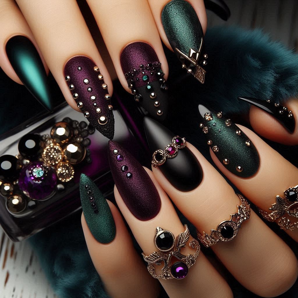 stone studded gothic nail designs