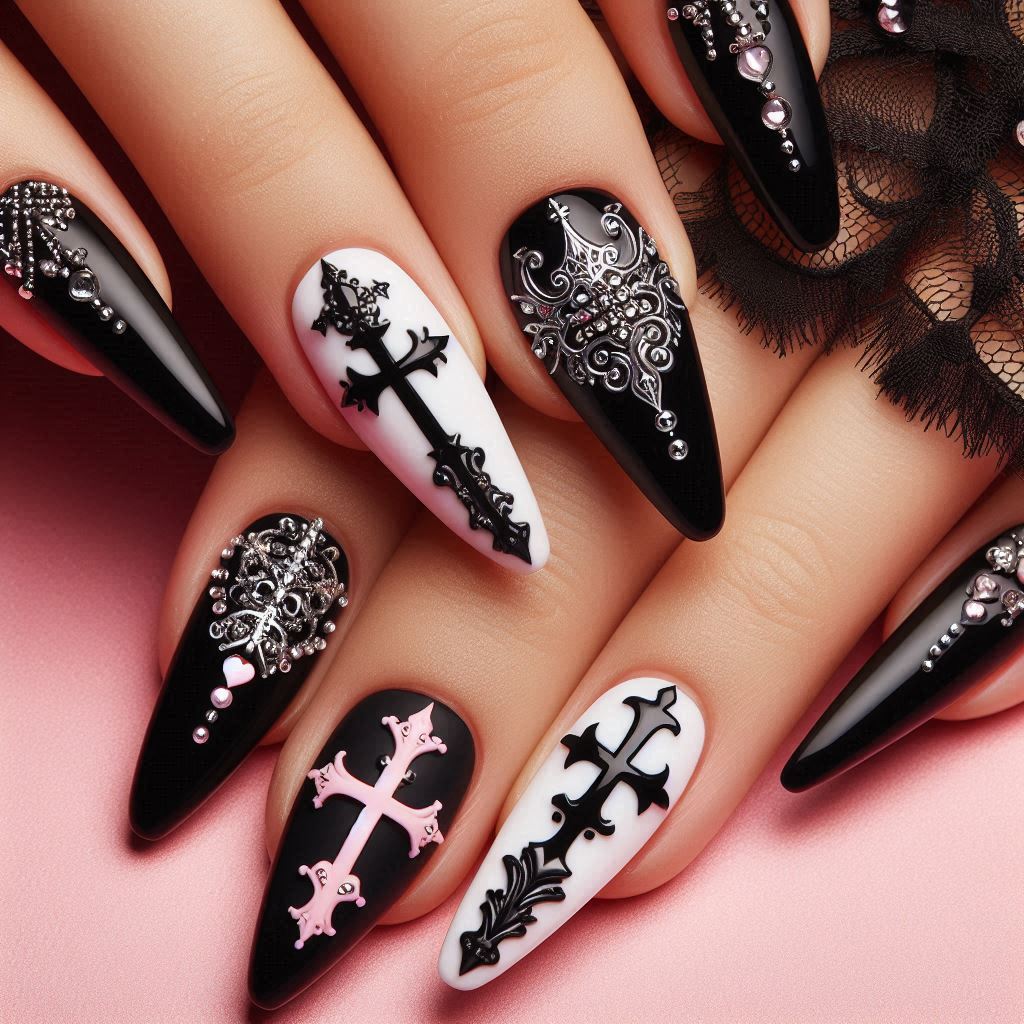 white black cross nails